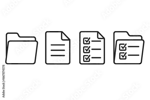 Document management icon set. Thin line icons for file, folder, and checklist. Vector symbols for web and mobile app UI. Task list and project organization graphic elements.