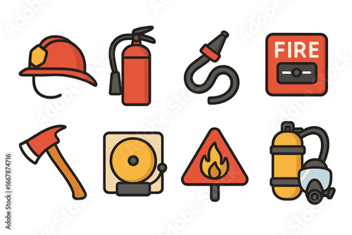 Firefighter emergency response vector icon set. Fire safety equipment, tools, and gear. Minimalist cartoon illustration with helmet, extinguisher, axe, hose, and alarm.