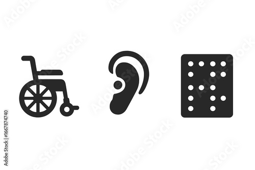 Inclusive medical and accessibility vector icon set. Solid glyphs representing disability: wheelchair for mobility, hearing aid for deafness, and braille for blindness.