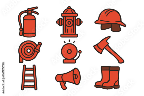 Firefighter icons set. Emergency response gear collection. Fire department equipment. Vector safety symbols for fire protection. Extinguisher, hydrant, helmet, axe, and hose.