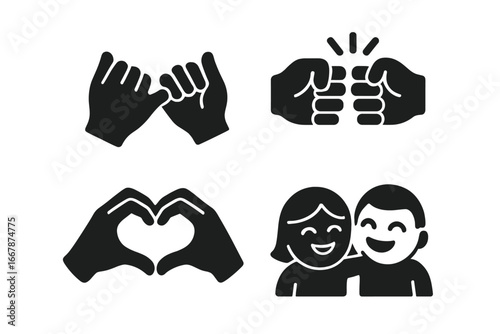 Friendship and love icon set. Vector symbols for pinky promise, fist bump, hand heart, and hug. Concepts of care, relationship, trust, solidarity, and connection.