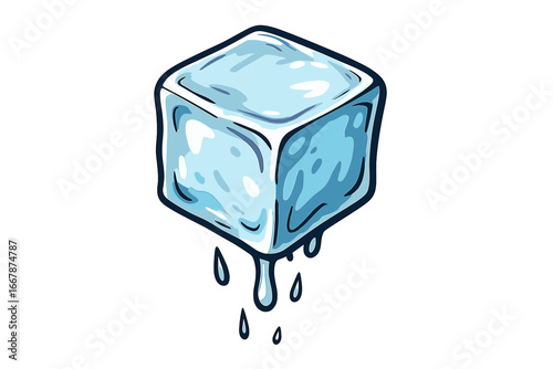 Melting ice cube vector cartoon illustration. Frozen water block with dripping drops. Cool fresh liquid isolated on white background. Cold refreshing concept. Thawing ice icon.