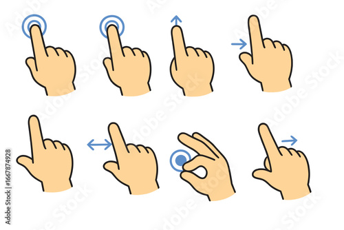 Vector collection of touch screen hand gestures. User interface icon set with finger tap, swipe, scroll, drag, and pinch to zoom. Mobile app UX and UI design elements.