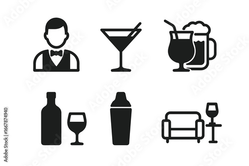 Bar and cocktail icon set. Minimalist glyph pictograms for nightlife, pub menu, and lounge design. Vector elements including bartender, drinks, wine, beer, and shaker.