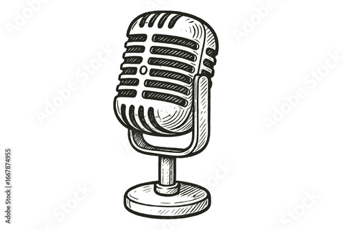Vintage microphone hand-drawn sketch illustration. Retro mic for recording, podcast, radio, or broadcast. Monochrome vector line art audio equipment for music or voice.