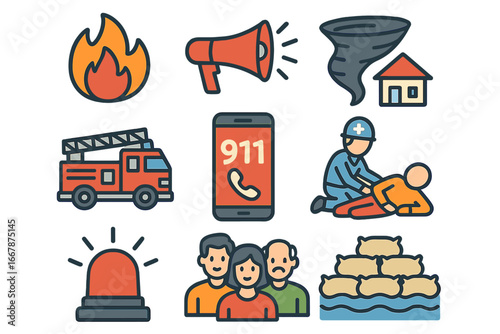 Emergency icon set. Public safety and disaster response symbols. First aid, 911 call, fire truck, paramedic, tornado, flood, and urgent alert. Vector cartoon illustration.
