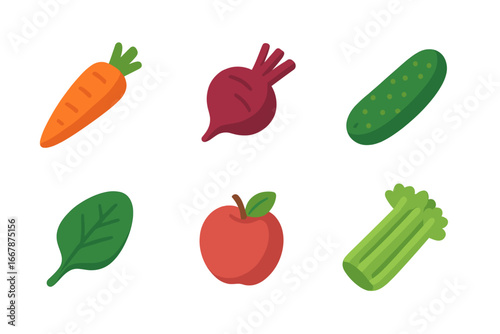 Juice ingredients vector icon set. Isometric flat design of carrot, beetroot, cucumber, spinach, apple, celery. Healthy food, diet, detox, nutrition concept collection.