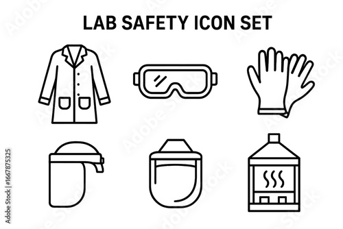 Lab safety outline icon set. Vector line icons of laboratory safety gear and PPE. Lab coat, safety goggles, nitrile gloves, face shield, fume hood. Science and research.