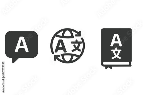 Language learning and translation icon set. Solid glyph icons for communication app, global translator, and dictionary or vocabulary book. Foreign language study vector.