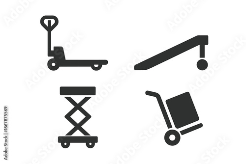 Material handling solid icon set. Warehouse equipment glyphs. Pallet jack, loading ramp, scissor lift, hand truck dolly. Vector for logistics, cargo, freight, delivery service.