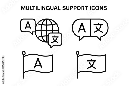 Language translation line icon set. Multilingual support, global communication. Globe with speech bubble, dictionary and flag symbols. Localization, internationalization concept.