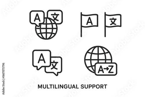 Multilingual support line icon set. Language translation, global communication symbols. Vector icons of globe with speech bubbles, dictionary, and international language flags.