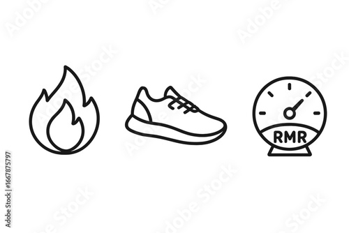 Metabolism vector icon set. Outline symbols for energy expenditure, calorie burn, fitness. Flame icon, running shoe, and resting metabolic rate RMR gauge. Health concept.