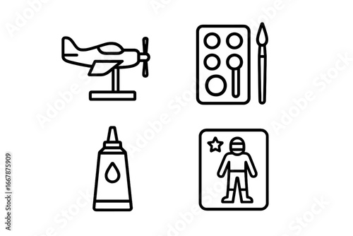 Model Building Icons Outline Vector Set Featuring Model Airplane, Paint Palette with Brush, Glue Tube, and Collectible Action Figure for Hobby and Craft Enthusiasts