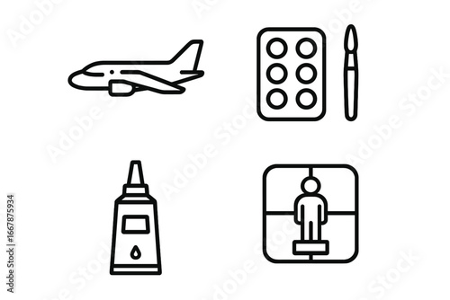 Model Building Icons Outline Set of Model Airplane, Paint Set with Brush, Glue Tube, Collectible Figure, Miniature Craft Tools, Hobbyist Supplies, Vector Illustration