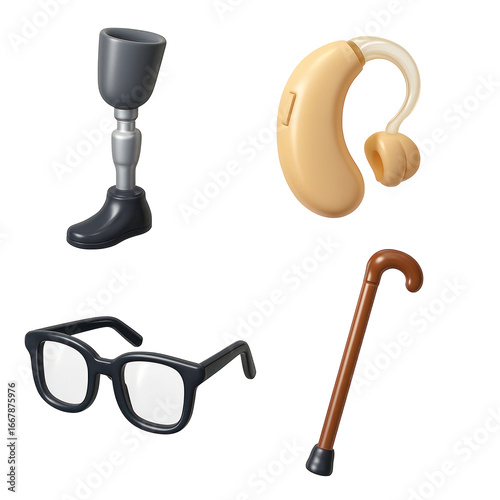 3D Plastic Icon Style of Prosthetic Leg Hearing Aid Glasses and Cane for Accessibility Healthcare and Support on Transparent Background