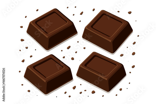 Dark chocolate pieces with crumbs, isolated on white background. Vector cartoon illustration of a chocolate bar broken into square chunks. Sweet dessert snack food concept.