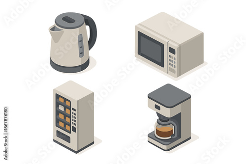 Isometric Office Breakroom Icons Set with Electric Kettle, Microwave, Vending Machine, Coffee Maker – Flat Vector Illustration for Workplace and Corporate Use