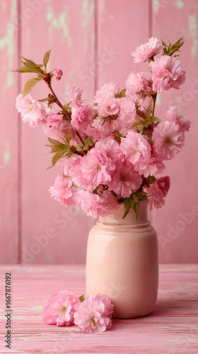 Wallpaper Mural Pink blossoms in a pastel vase on a pink wooden background Torontodigital.ca