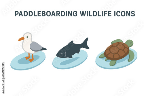 Paddleboarding Wildlife Icons Isometric Flat Vector Set of Paddleboard Wildlife Spotting Including Seabird, Fish Silhouette, Turtle Illustration for Outdoor Recreation and Nature Activities