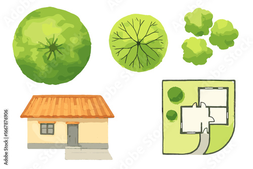 Watercolor set for landscape plan and architecture layout. Tree top view, house front view, and floor plan for garden design. Vector cartoon illustration elements isolated.