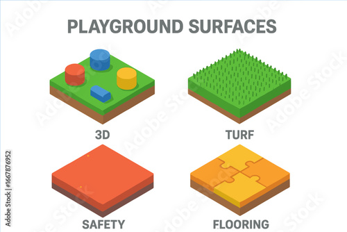 Isometric Playground Surfaces Icons Set with 3D Elements, Artificial Turf, Safety Flooring, and Puzzle Flooring Vector Illustration on Transparent Background