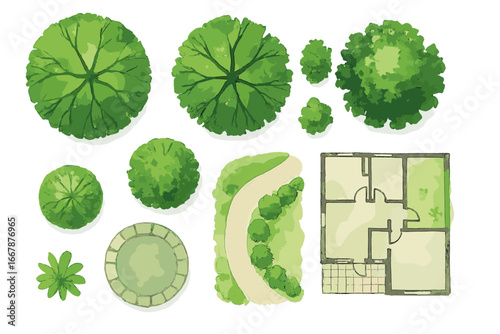 Watercolor landscape architecture design elements set. Top view tree, plant, and bush symbols for park and garden planning. Architectural house floor plan vector illustration.