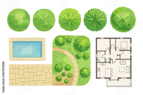 Landscape architecture elements set for construction plan. Top view vector. Watercolor tree, garden, bush, swimming pool, patio and technical house floor plan illustration.