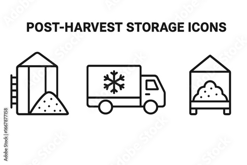 Post-Harvest Storage Icons Set, Outline Grain Silo, Refrigerated Truck, Storage Bin, Agricultural Logistics, Food Storage, Vector Illustration Transparent Background