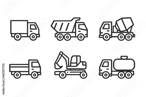 Truck line icon set. Heavy construction and transportation vehicles. Vector linear pictogram collection. Dumper, excavator, cement mixer, tanker, delivery van, pickup truck.