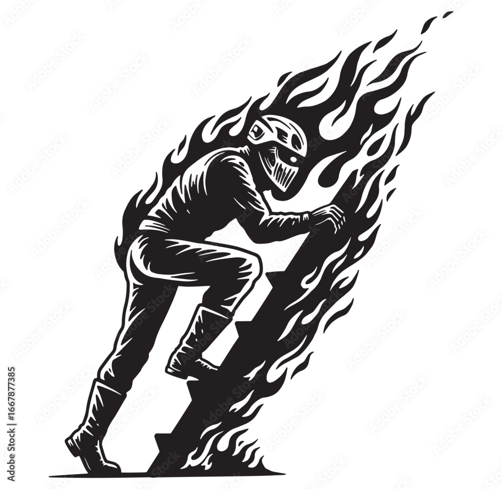 Fototapeta premium Dynamic illustration of a firefighter climbing a ladder surrounded by flames in black and white