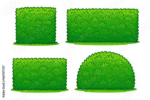 Set of cartoon green bushes for landscape design. Vector garden or park hedge elements. Shrub fence for UI game asset. Greenery, foliage, and plant collection icon.