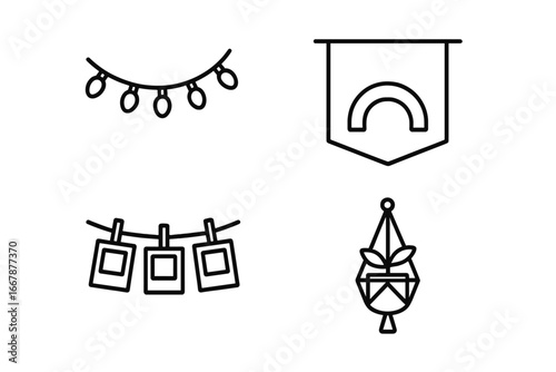 Room Décor Icons Outline Vector Set Featuring Fairy String Lights, Wall Tapestry with Rainbow, Polaroid Photo Display on a Clothesline, and Macramé Plant Hanger for Interior Design