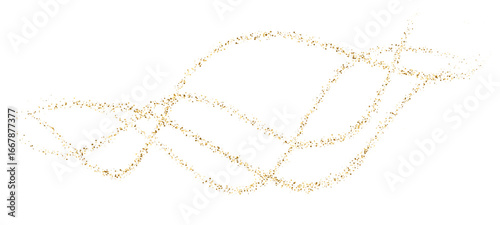 Gold stipple flow wave. Dynamic golden waves with small particles. Abstract golden curved dashed gradient net. Vector dotted fluid line background for holiday design