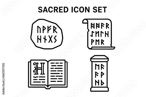 Sacred Icon Set. Outline Vector Illustration of Sacred Inscriptions with Chiseled Runes, Ancient Scroll Fragment, Illuminated Manuscript, Etched Pillar Symbols on Transparent Background