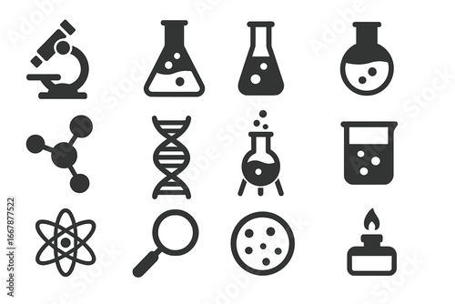 Science and laboratory flat icons set, solid filled research and experiment symbols, chemistry, biology, microscope, DNA, molecule, petri dish, test tubes, Bunsen burner vector illustration