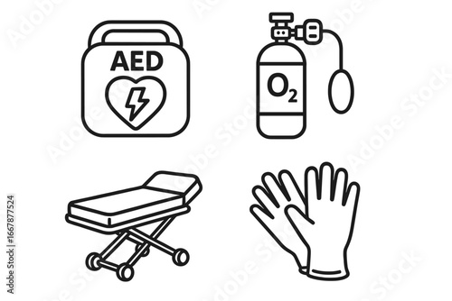 Medical emergency icons set, outline style AED device, oxygen tank, stretcher, protective medical gloves, vector cartoon illustration for healthcare and first aid