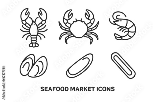 Seafood Market Icons Vector Set, Outline Style, Fresh Live Lobster, King Crab, Jumbo Shrimp, Blue Mussels, Razor Clams, Shellfish, Ocean Harvest, Seafood Ingredients Illustration