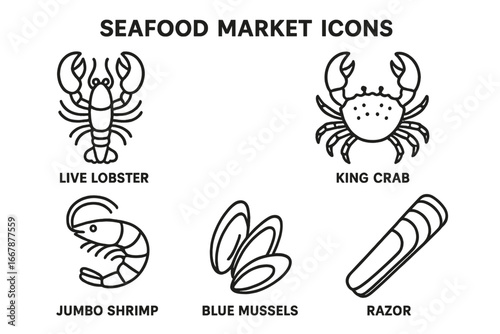 Seafood Market Icons Vector Set, Outline Style Illustrations of Live Lobster, King Crab, Jumbo Shrimp, Blue Mussels, Razor Clam, Fresh Shellfish Sea Food Symbols