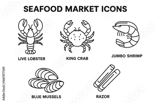 Seafood Market Icons. Outline Vector Set of Fresh Seafood Ingredients including Live Lobster, King Crab, Jumbo Shrimp, Blue Mussels, and Razor Clams on Transparent Background