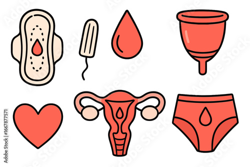 Menstrual health products and feminine hygiene symbols illustrated in minimalist flat style for education and awareness campaigns, including pads, tampons, cups, uterus, blood drop