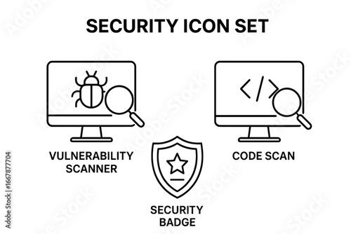Security Icon Set Vector, Outline Security Scanning and Compliance Icons, Vulnerability Scanner, Code Scan, Security Badge, Cybersecurity Symbols on Transparent Background