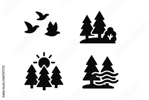 Nature awakening icons set with birds flying, forest clearing, sun rising over trees, and morning mist, solid filled vector illustrations for environmental and outdoor themes