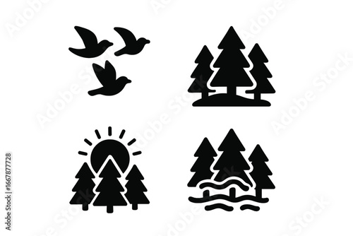 Nature Awakening Icons Set with Flying Birds, Forest Clearing, Sunrise Over Pine Trees, Morning Mist, Silhouette Style Vector Illustration for Outdoor and Wildlife Themes