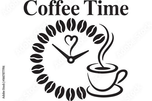 "Coffee Time" Logo Featuring a Clock Face Made of Coffee Beans, with a Steaming Cup.