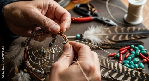 Close-up of hands crafting a dreamcatcher with feathers and beads, Native American craft