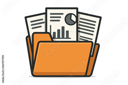Organized documents in orange folder illustration, data management and efficiency concept, vector cartoon graphic with charts and reports, digital filing system design