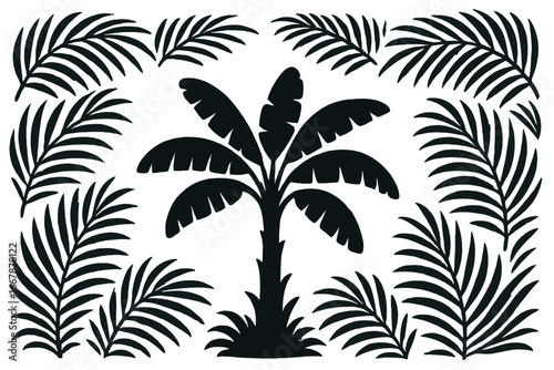 Tropical palm leaves frame with black banana tree silhouette, exotic rainforest foliage border, tropical greenery, nature plant design, jungle leaves background vector