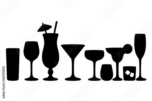 Silhouettes of various cocktail glasses and drinks showcasing different shapes and styles for bar or restaurant use, vector cartoon illustration with transparent background