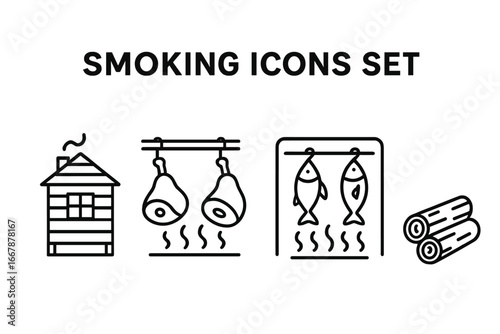 Outline Smoking Icons Set of Meats and Fish Hanging in Smokehouse Cabin with Smoking Chamber and Wood Logs, Traditional Meat and Fish Preservation Vector Illustration